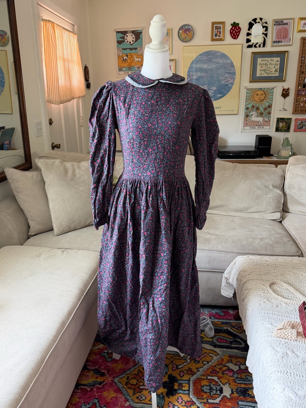 Vintage 1980s Laura Ashley Ditsy Floral Scalloped Collar Long Sleeve Dress